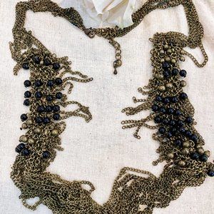Boho Multi Strand Brass Toned Necklace with Black Beads